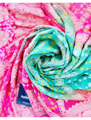 Ombre shaded Hot Pink & Sea Green Pure Khaddi Georgette Rye Bandhej Dupatta
