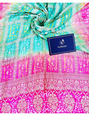 Ombre shaded Hot Pink & Sea Green Pure Khaddi Georgette Rye Bandhej Dupatta