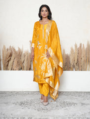 Fire Yellow kurta set with tree and bird motifs