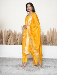 Fire Yellow kurta set with tree and bird motifs