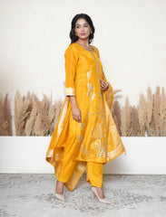 Fire Yellow kurta set with tree and bird motifs