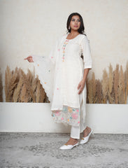 Off-White Cotton Chikankari Suit Set with Embroidered Dupatta
