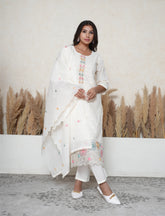 Off-White Cotton Chikankari Suit Set with Embroidered Dupatta