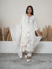 Off-White Khadi Cotton Embroidered Suit Set with Lace Detailing