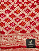 Vermillion Red Pure Khaddi Georgette Rye Bandhej Dupatta With Banarasi Weave