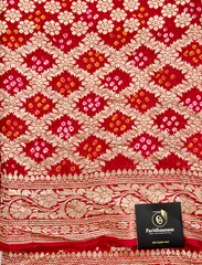 Vermillion Red Pure Khaddi Georgette Rye Bandhej Dupatta With Banarasi Weave
