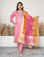 Flamingo Pink Embroidered Suit Set with Bandhe print Banarasi Dupatta