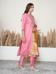 Flamingo Pink Embroidered Suit Set with Bandhe print Banarasi Dupatta