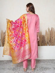 Flamingo Pink Embroidered Suit Set with Bandhe print Banarasi Dupatta
