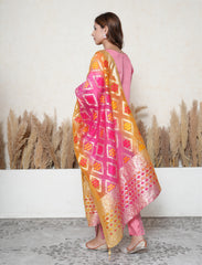 Flamingo Pink Embroidered Suit Set with Bandhe print Banarasi Dupatta