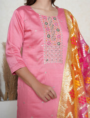 Flamingo Pink Embroidered Suit Set with Bandhe print Banarasi Dupatta