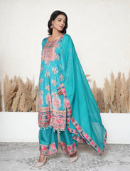 Dark Turquoise Luxurious muslin pakistani mirror work suit