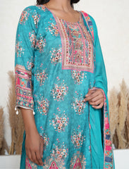 Dark Turquoise Luxurious muslin pakistani mirror work suit
