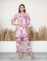 Dark Pink Leaf Print Khadi Cotton Co-ord Set with Mirror Work