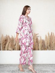 Dark Pink Leaf Print Khadi Cotton Co-ord Set with Mirror Work