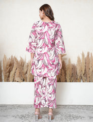 Dark Pink Leaf Print Khadi Cotton Co-ord Set with Mirror Work