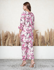 Dark Pink Leaf Print Khadi Cotton Co-ord Set with Mirror Work