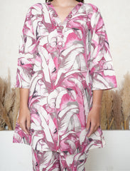 Dark Pink Leaf Print Khadi Cotton Co-ord Set with Mirror Work