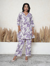 African Violet Leaf Print Khadi Cotton Co-ord Set with Mirror Work