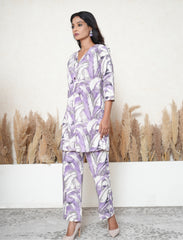African Violet Leaf Print Khadi Cotton Co-ord Set with Mirror Work