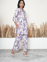 African Violet Leaf Print Khadi Cotton Co-ord Set with Mirror Work