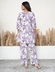 African Violet Leaf Print Khadi Cotton Co-ord Set with Mirror Work