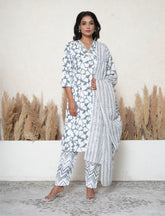Lava Grey & White cotton Stitched Suit Set