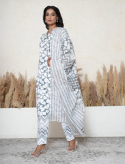 Lava Grey & White cotton Stitched Suit Set