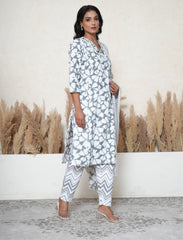 Lava Grey & White cotton Stitched Suit Set