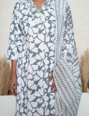 Lava Grey & White cotton Stitched Suit Set