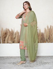 Olive Green Printed Pakistani-Style Suit with Mirror Detailing