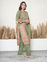 Olive Green Printed Pakistani-Style Suit with Mirror Detailing