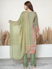 Olive Green Printed Pakistani-Style Suit with Mirror Detailing