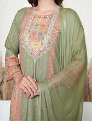 Olive Green Printed Pakistani-Style Suit with Mirror Detailing