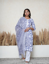 Midnight Blue & White Floral Printed Cotton Suit Set