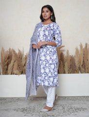 Midnight Blue & White Floral Printed Cotton Suit Set