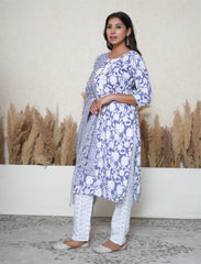 Midnight Blue & White Floral Printed Cotton Suit Set