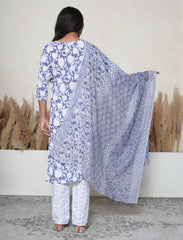 Midnight Blue & White Floral Printed Cotton Suit Set