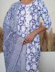 Midnight Blue & White Floral Printed Cotton Suit Set