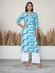 Tropical teal Floral Printed Suit Set with Mirror & Lace Work