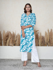 Tropical teal Floral Printed Suit Set with Mirror & Lace Work