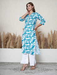 Tropical teal Floral Printed Suit Set with Mirror & Lace Work