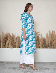 Tropical teal Floral Printed Suit Set with Mirror & Lace Work