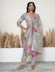 Taupe Digital Floral Crepe Suit with beadwork