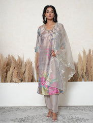 Taupe Digital Floral Crepe Suit with beadwork