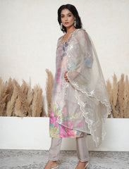 Taupe Digital Floral Crepe Suit with beadwork