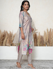 Taupe Digital Floral Crepe Suit with beadwork