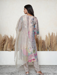 Taupe Digital Floral Crepe Suit with beadwork