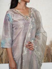 Taupe Digital Floral Crepe Suit with beadwork