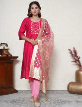 Bright Pink Embroidered Suit Set with Statement Yoke & Banarasi Dupatta